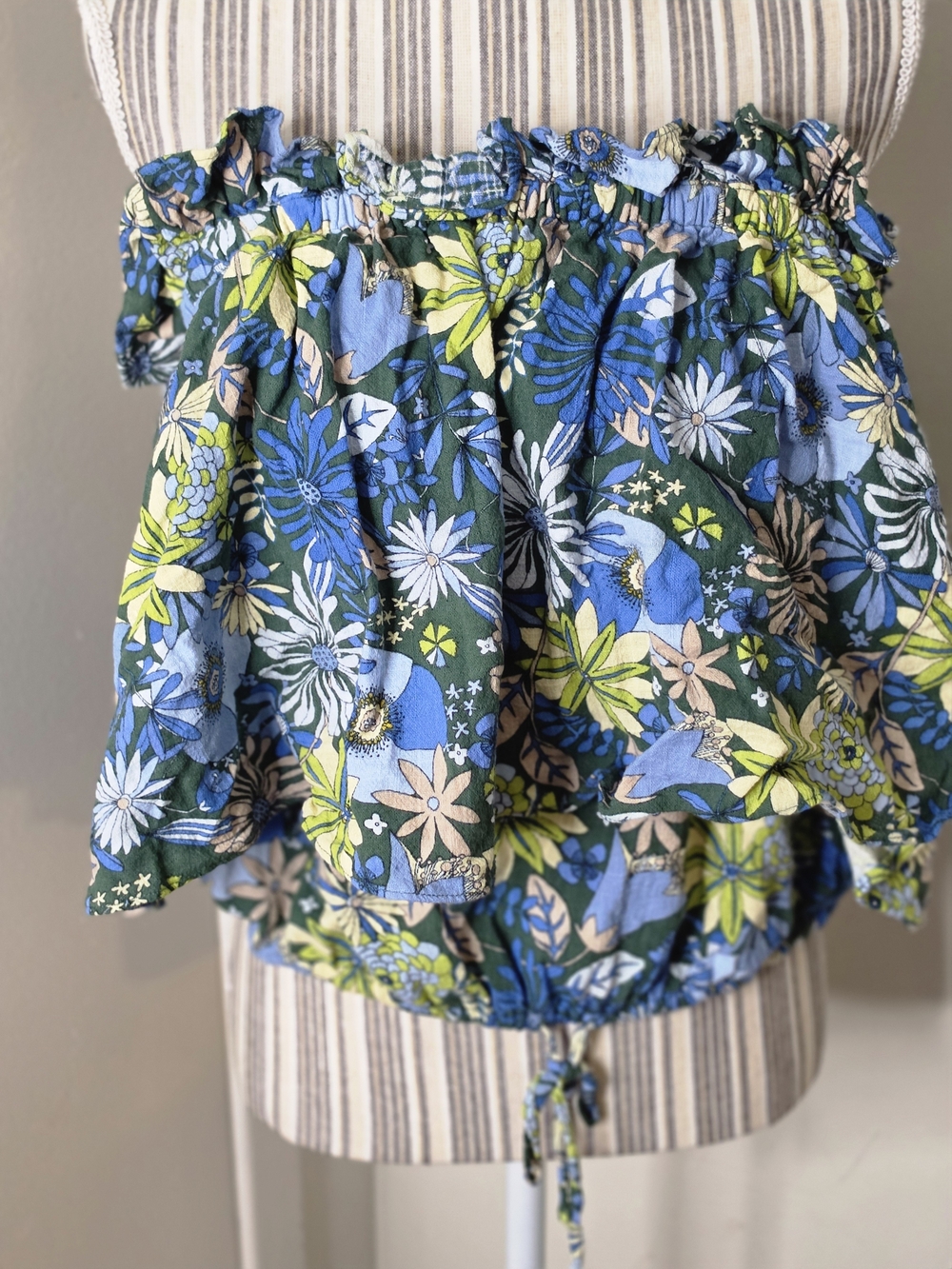 INC Women's Floral Off-Shoulder Top in Blue & Green